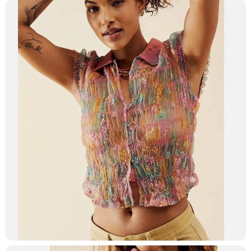 ✨Free People✨Julie Printed Lace Stretch Top Tropical Sunset Size XL. NWT🦋 - Picture 4 of 7